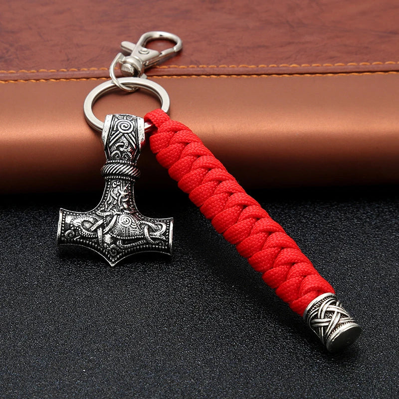 Vintage Handmade Keychain Viking Rune Hammer Car Keyring Mjolnir Outdoor Mountaineering Survival Braided Rope Men Norse Jewelry