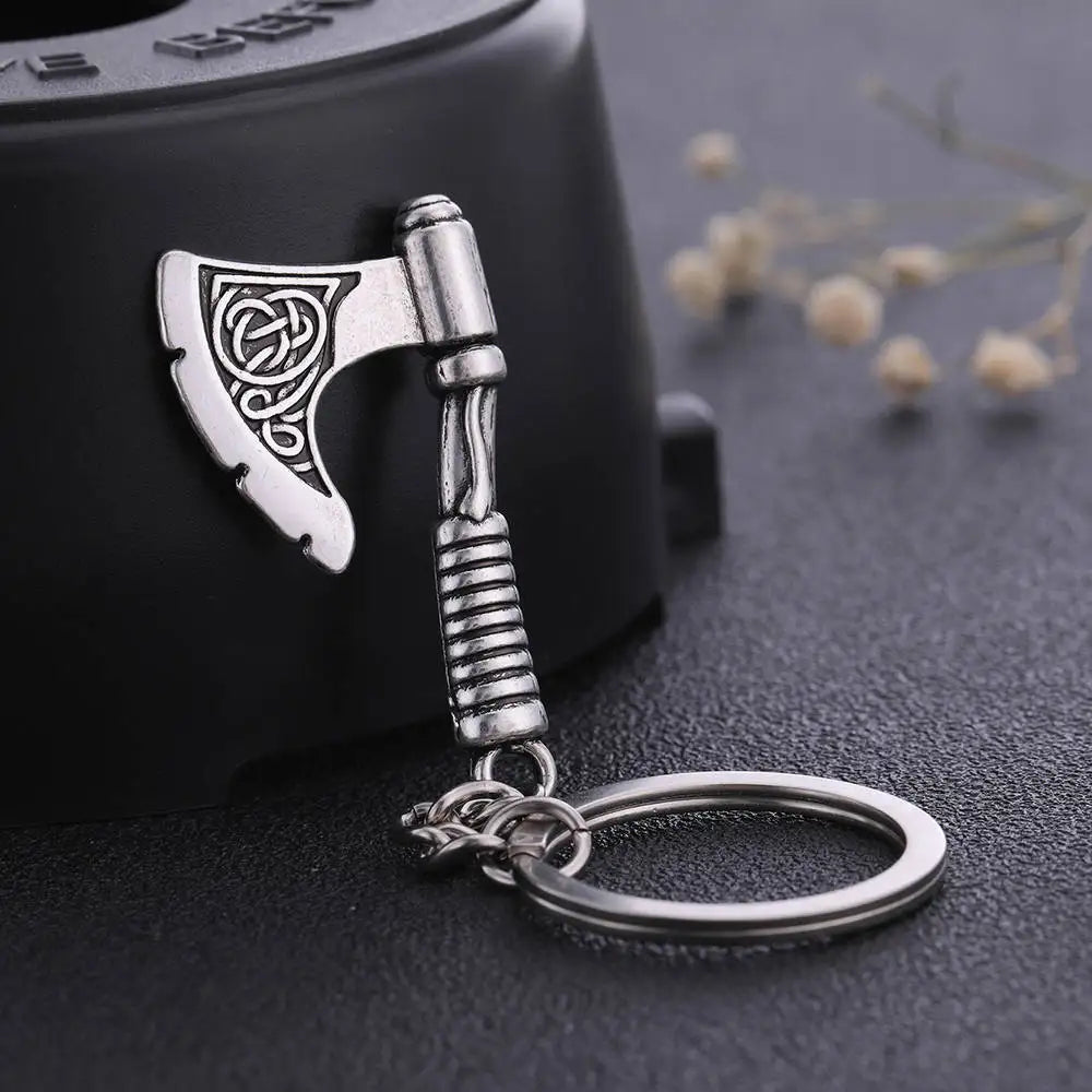 Valknut Triquetra Axe Pendant Keychain Men Women Vintage Keyring Compass Celtics Knot Wicca Viking Jewelry for Bag