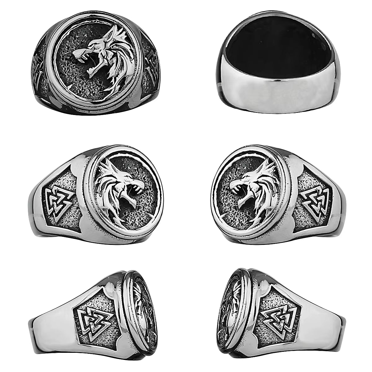 Viking Valknut Rune Wolf Geri and Freki Men'S Fashion Personality Wolf 316L Stainless Steel Ring