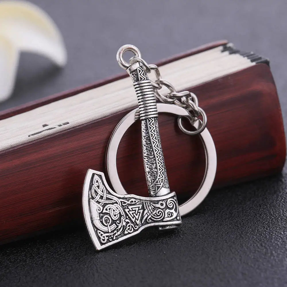 Valknut Triquetra Axe Pendant Keychain Men Women Vintage Keyring Compass Celtics Knot Wicca Viking Jewelry for Bag
