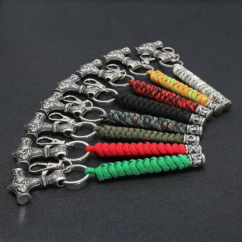 Vintage Handmade Keychain Viking Rune Hammer Car Keyring Mjolnir Outdoor Mountaineering Survival Braided Rope Men Norse Jewelry