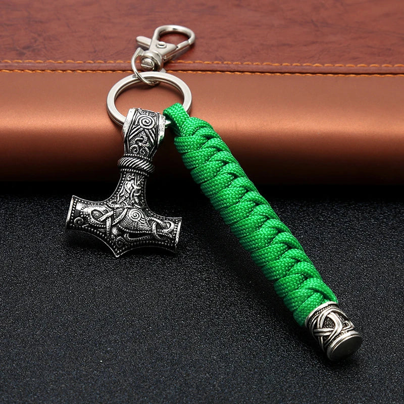 Vintage Handmade Keychain Viking Rune Hammer Car Keyring Mjolnir Outdoor Mountaineering Survival Braided Rope Men Norse Jewelry