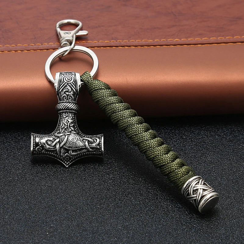Vintage Handmade Keychain Viking Rune Hammer Car Keyring Mjolnir Outdoor Mountaineering Survival Braided Rope Men Norse Jewelry