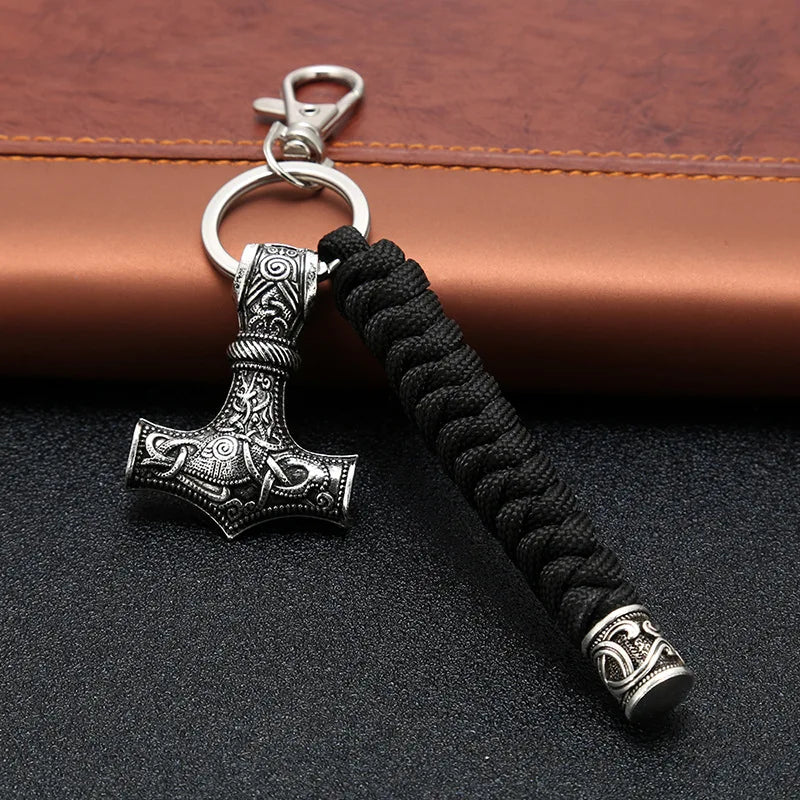 Vintage Handmade Keychain Viking Rune Hammer Car Keyring Mjolnir Outdoor Mountaineering Survival Braided Rope Men Norse Jewelry