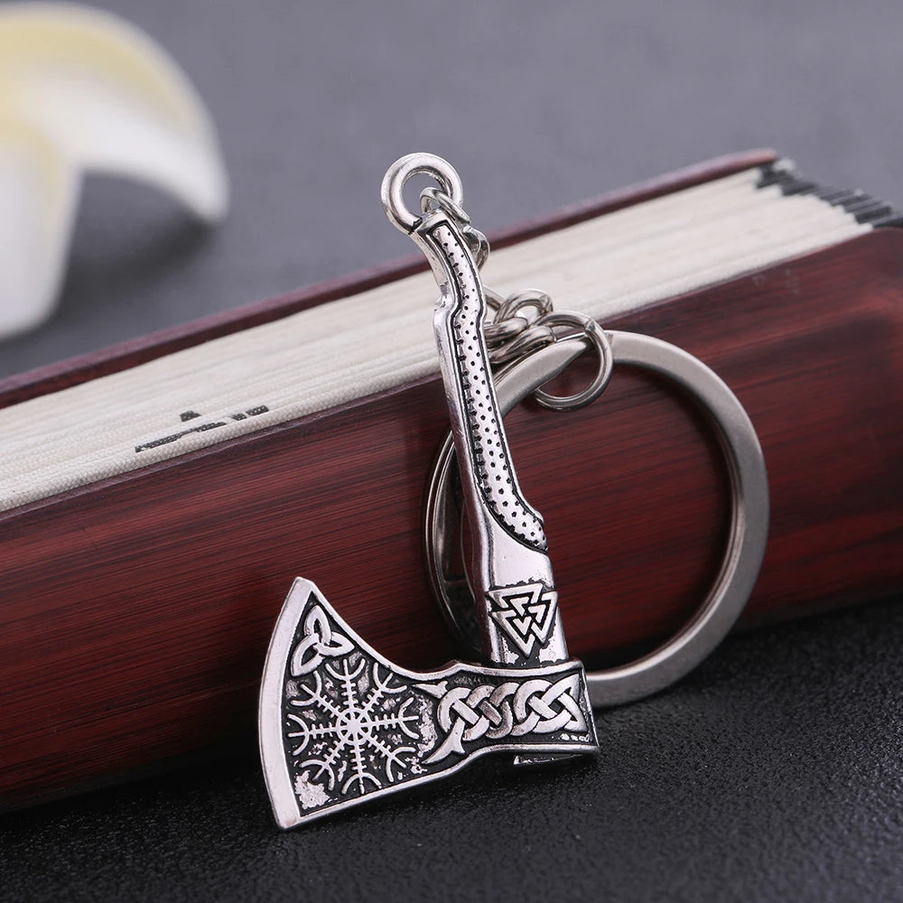 Valknut Triquetra Axe Pendant Keychain Men Women Vintage Keyring Compass Celtics Knot Wicca Viking Jewelry for Bag
