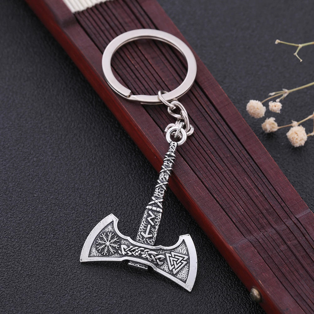 Valknut Triquetra Axe Pendant Keychain Men Women Vintage Keyring Compass Celtics Knot Wicca Viking Jewelry for Bag