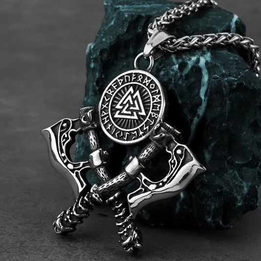 Men'S Stainless Steel Exquisite Double Axe Pendant Necklace Nordic Rune Amulet Gift High Quality Popular Jewelry Wholesale