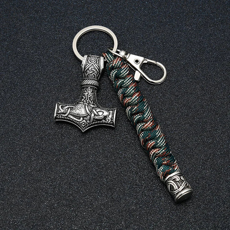 Vintage Handmade Keychain Viking Rune Hammer Car Keyring Mjolnir Outdoor Mountaineering Survival Braided Rope Men Norse Jewelry
