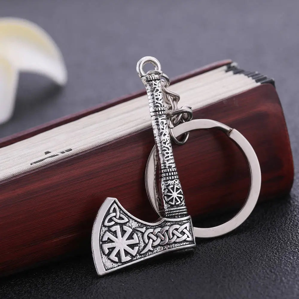 Valknut Triquetra Axe Pendant Keychain Men Women Vintage Keyring Compass Celtics Knot Wicca Viking Jewelry for Bag