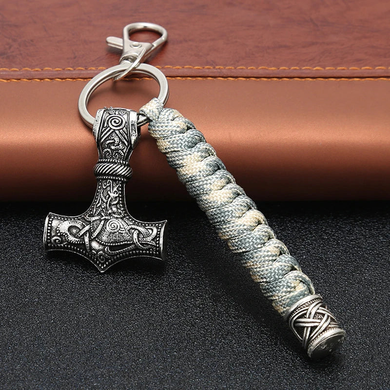Vintage Handmade Keychain Viking Rune Hammer Car Keyring Mjolnir Outdoor Mountaineering Survival Braided Rope Men Norse Jewelry