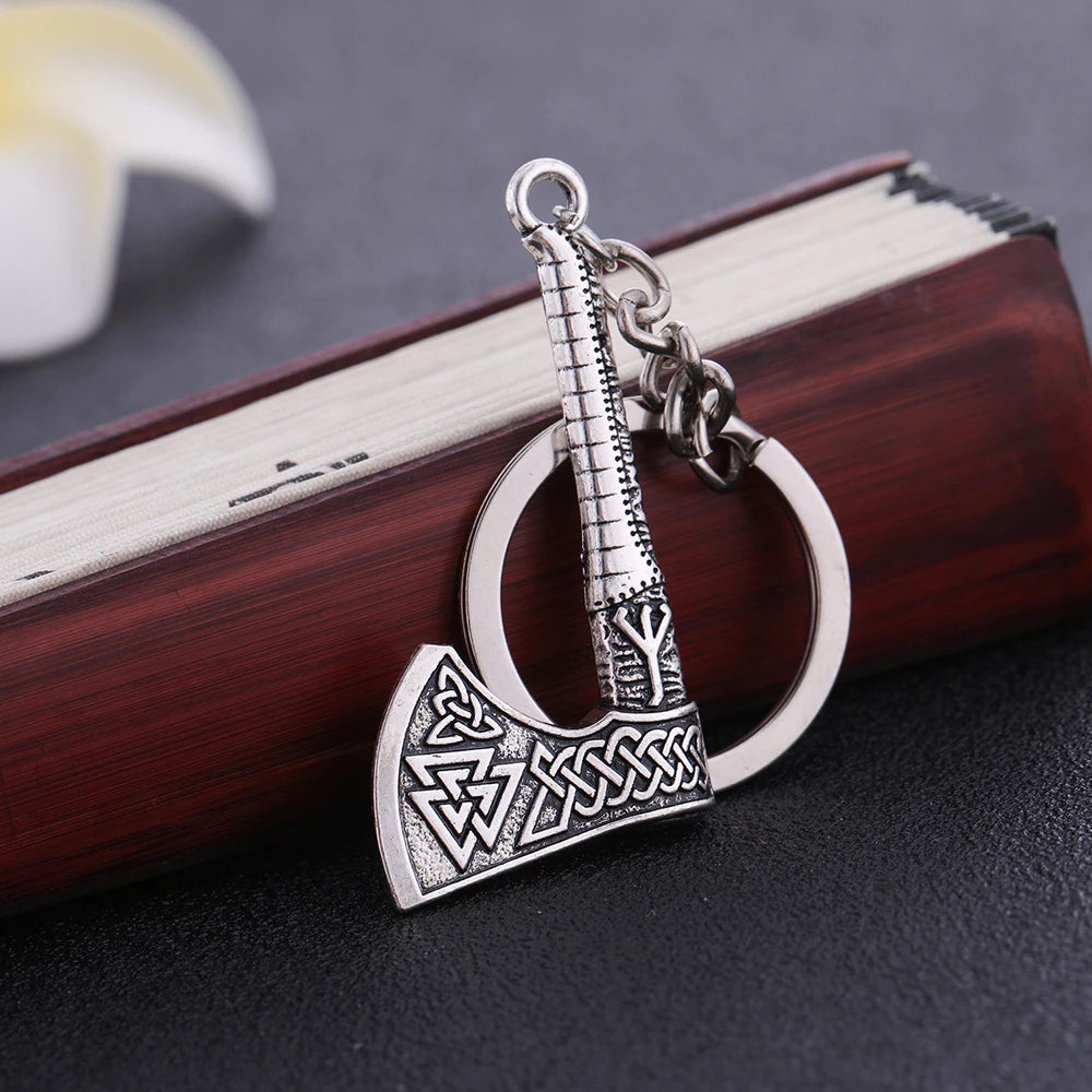 Valknut Triquetra Axe Pendant Keychain Men Women Vintage Keyring Compass Celtics Knot Wicca Viking Jewelry for Bag
