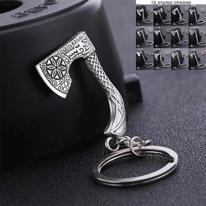 Valknut Triquetra Axe Pendant Keychain Men Women Vintage Keyring Compass Celtics Knot Wicca Viking Jewelry for Bag
