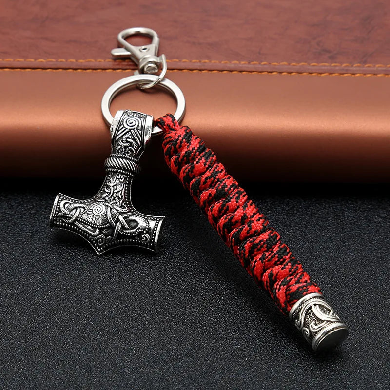 Vintage Handmade Keychain Viking Rune Hammer Car Keyring Mjolnir Outdoor Mountaineering Survival Braided Rope Men Norse Jewelry