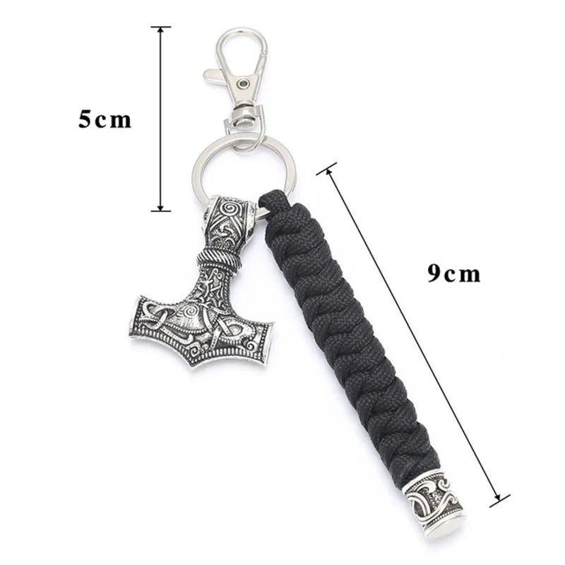 Vintage Handmade Keychain Viking Rune Hammer Car Keyring Mjolnir Outdoor Mountaineering Survival Braided Rope Men Norse Jewelry