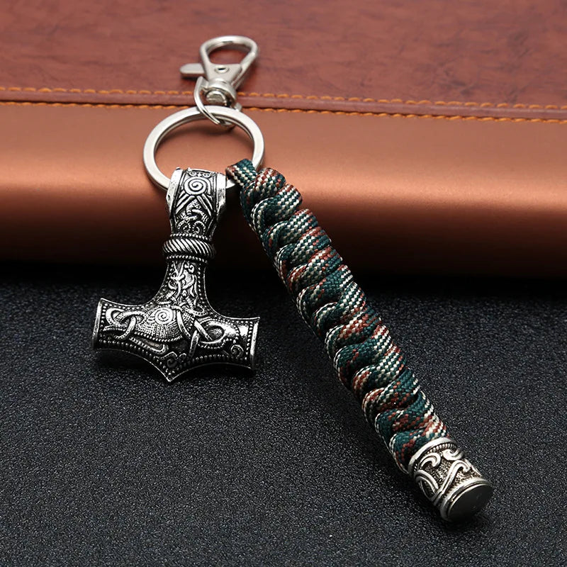 Vintage Handmade Keychain Viking Rune Hammer Car Keyring Mjolnir Outdoor Mountaineering Survival Braided Rope Men Norse Jewelry