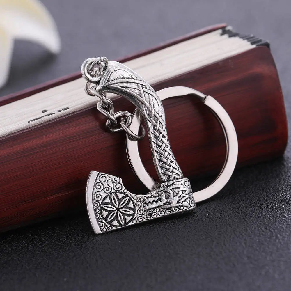 Valknut Triquetra Axe Pendant Keychain Men Women Vintage Keyring Compass Celtics Knot Wicca Viking Jewelry for Bag