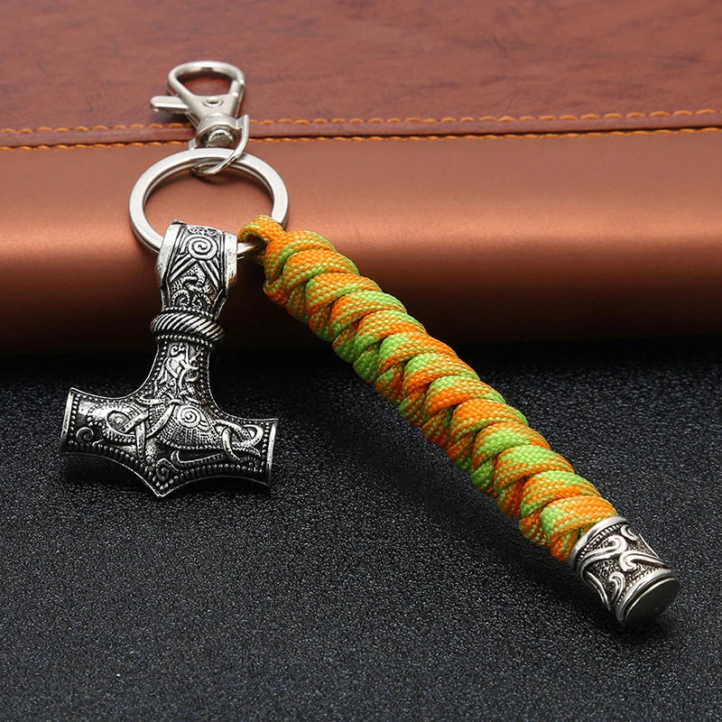 Vintage Handmade Keychain Viking Rune Hammer Car Keyring Mjolnir Outdoor Mountaineering Survival Braided Rope Men Norse Jewelry